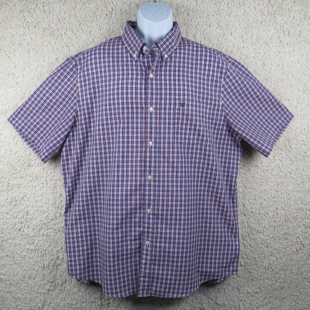 Chaps* Men's Short Sleeve Button Down Curved‎ Hem Chest Pocket Plaid Shirt~ XXL